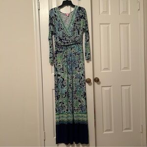 Lilly Pulitzer Surplice Raina Navy Escape Artist Side Slit Maxi Dress Medium
